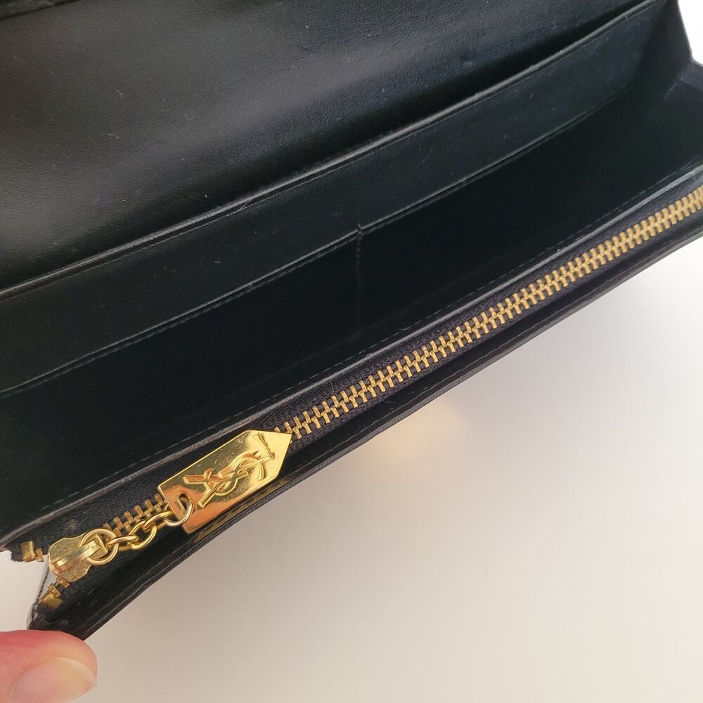 Yves Saint Laurent YSL Vintage Long Large Leather Wallet Black Logo Bifold Retro - Picture 5 of 12